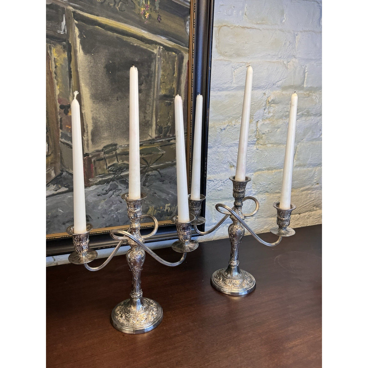 Candelabra Pair Silverplate WM Rogers 3 Light Ornate Floral Scroll Vintage 10”