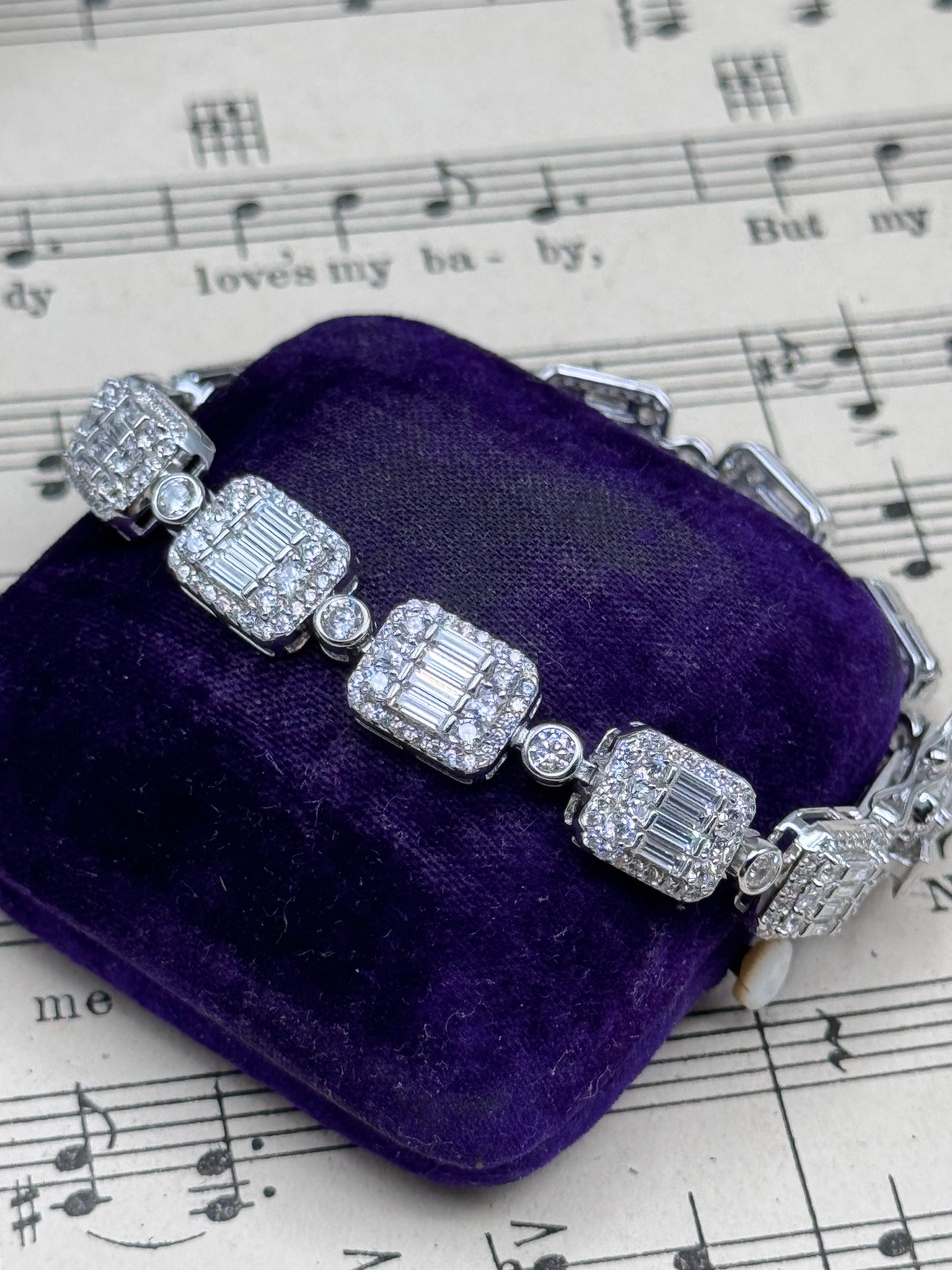 Sterling Clear Stones Tennis Bracelet 7” Baguette Halo Link Bracelet Signed W 925