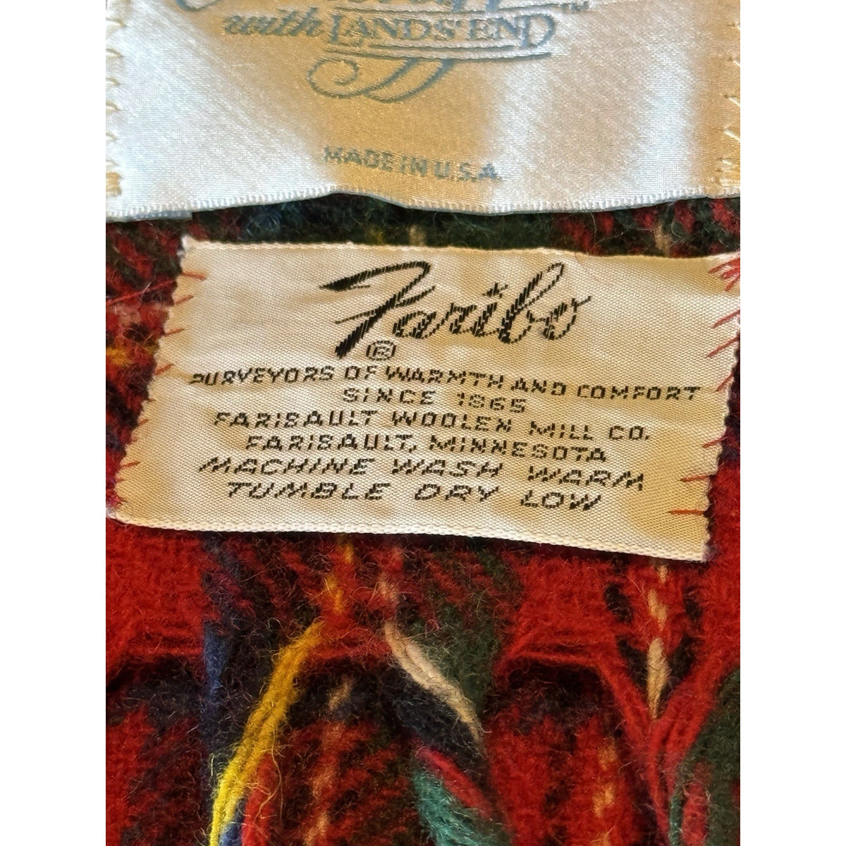 Pure Wool Plaid Throw Blanket Faribo Lands End Red Tartan Fringe 66” X 52” Vintage