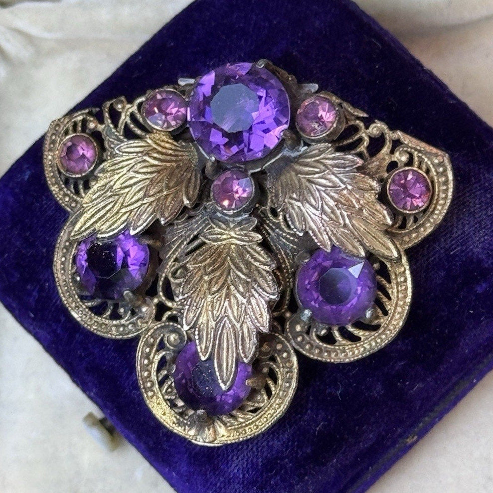 Antique Dress Clip Czech Style Purple Paste Goldtone Filigree Leaf Jewelry 1.75”
