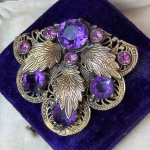 Antique Dress Clip Czech Style Purple Paste Goldtone Filigree Leaf Jewelry 1.75”