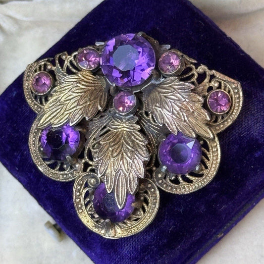 Antique Dress Clip Czech Style Purple Paste Goldtone Filigree Leaf Jewelry 1.75”