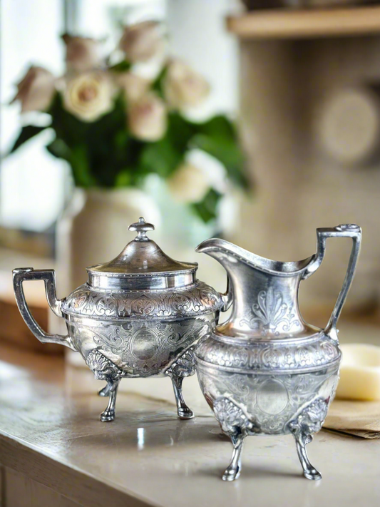 Victorian Silverplate Creamer & Sugar  Lion Feet Cameo Handle