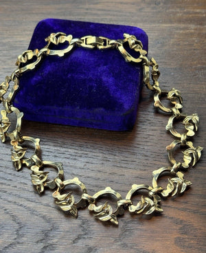 Vintage Tara Goldtone Floral Link Statement Necklace 15.5” x 1” Signed