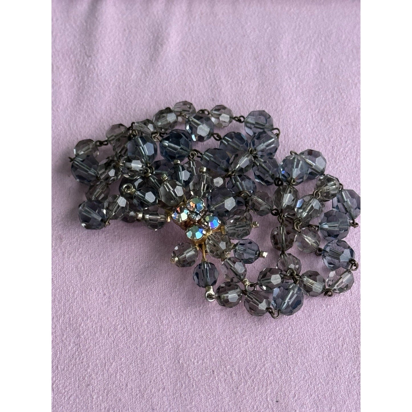 Vintage Austrian Crystal Bead Necklace Signed Gray Blue Faceted Beads 16”