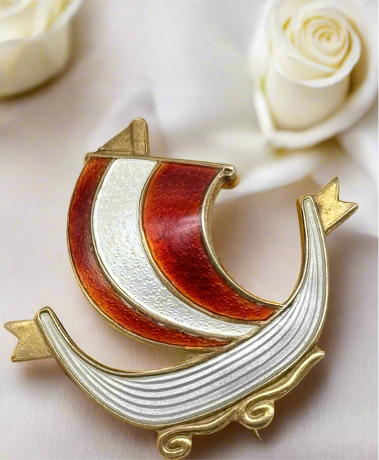 Vintage AKSEL HOLMSEN Silver 925S Guilloche Enamel Viking Ship Brooch RED White