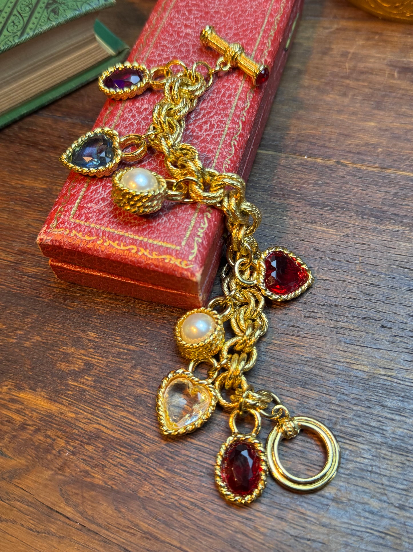 1980s Vintage Charm Bracelet Chunky “Givenchy” Attributed Unsigned Gold Tone Designer Style 6.5” with 7 Charms