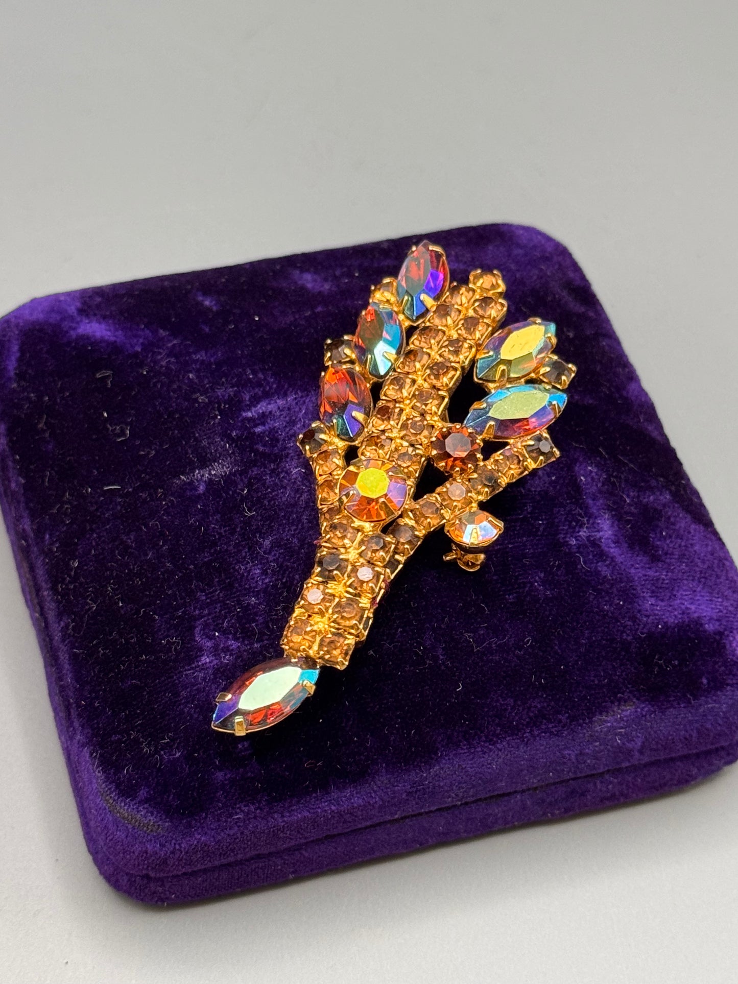 Vintage AB Rhinestone Brooch Goldtone Floral Spray Statement Pin 4” Large