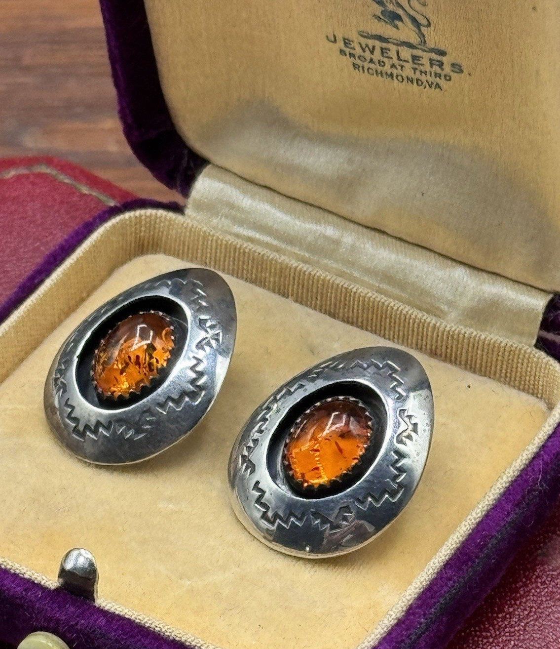 Vintage Navajo AG Sterling Silver Amber Post Earrings Southwestern 1” x .75”