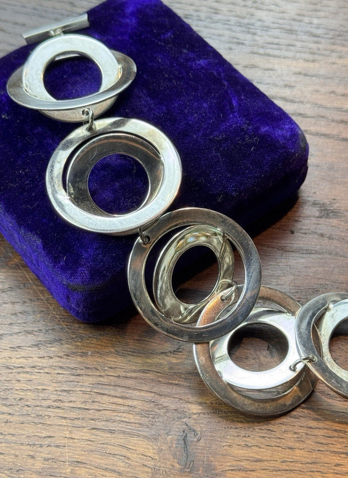 Sterling Silver Modernist Bracelet 6.25” Sculptural Circle Links Toggle 61.2g