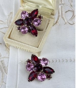 Vintage Clip Earrings Rhinestone Pink Burgundy Red Floral Goldtone 1” Cluster