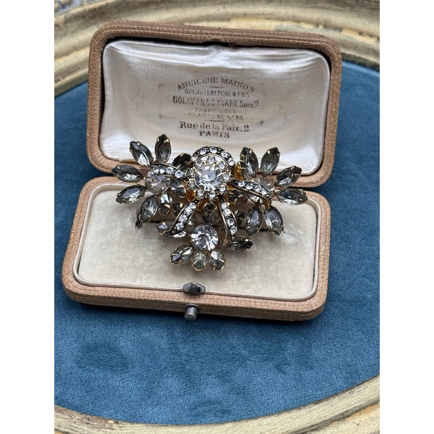 Vintage Brooch Rhinestone Goldtone Gray Clear Floral Spray 2 3/8” Estate