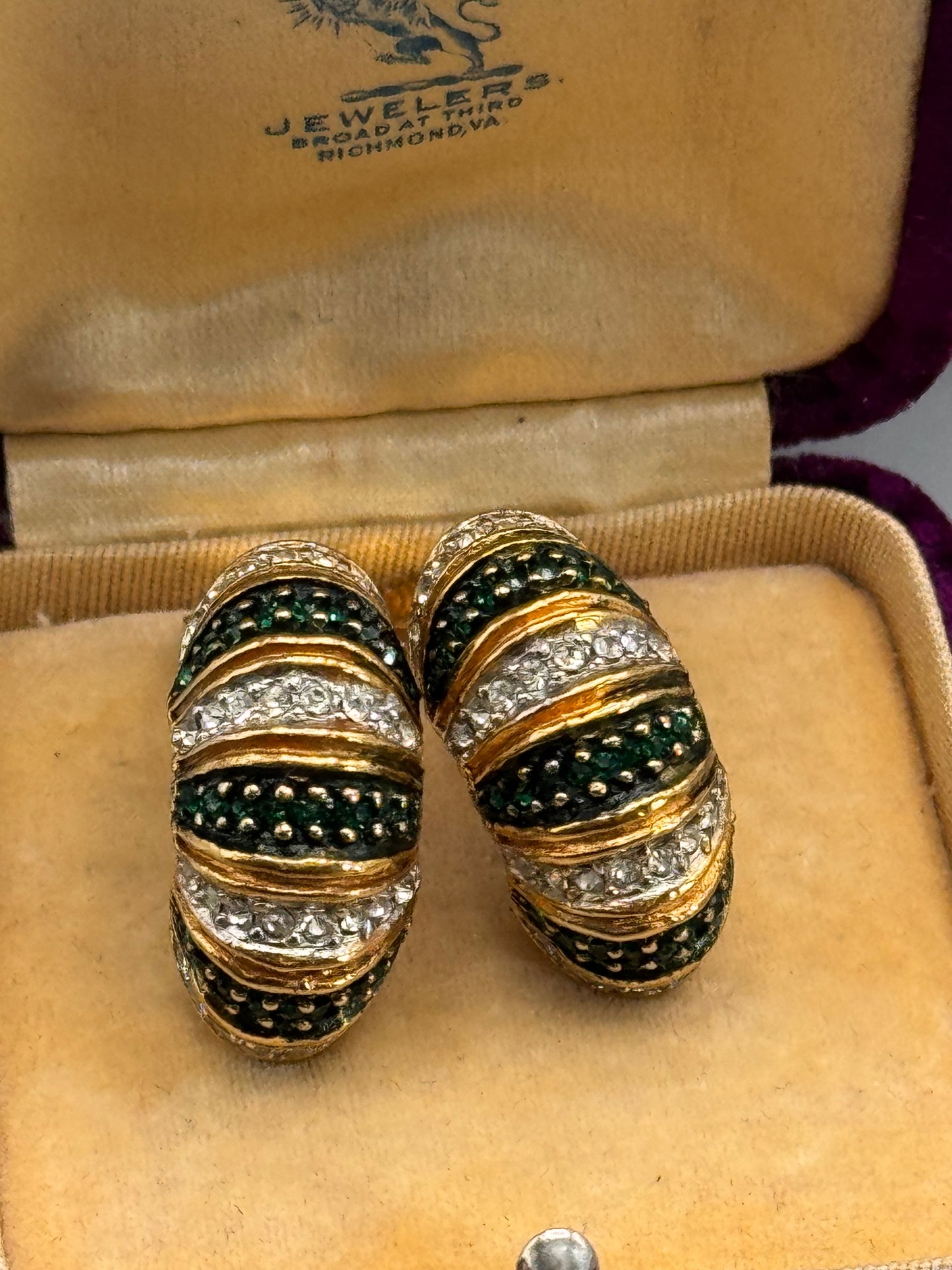 Vintage KJL Signed Kenneth J Lane Clip-On Earrings Emerald Green Clear Rhinestone Goldtone