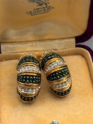 Vintage KJL Signed Kenneth J Lane Clip-On Earrings Emerald Green Clear Rhinestone Goldtone