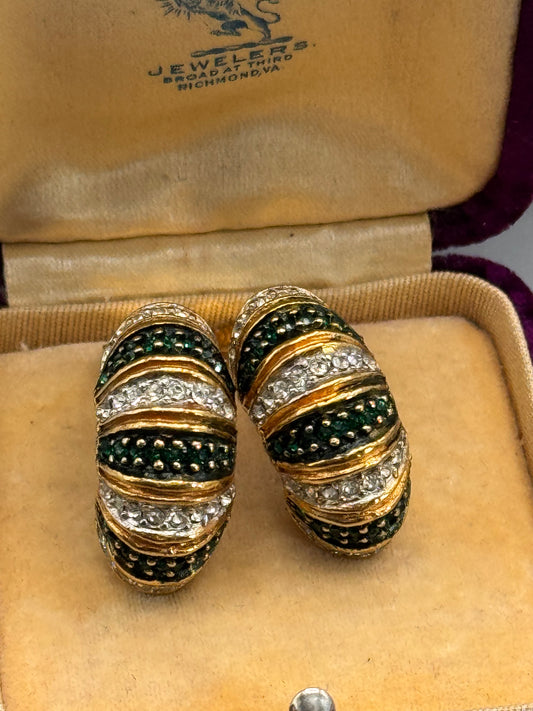 Vintage KJL Signed Kenneth J Lane Clip-On Earrings Emerald Green Clear Rhinestone Goldtone