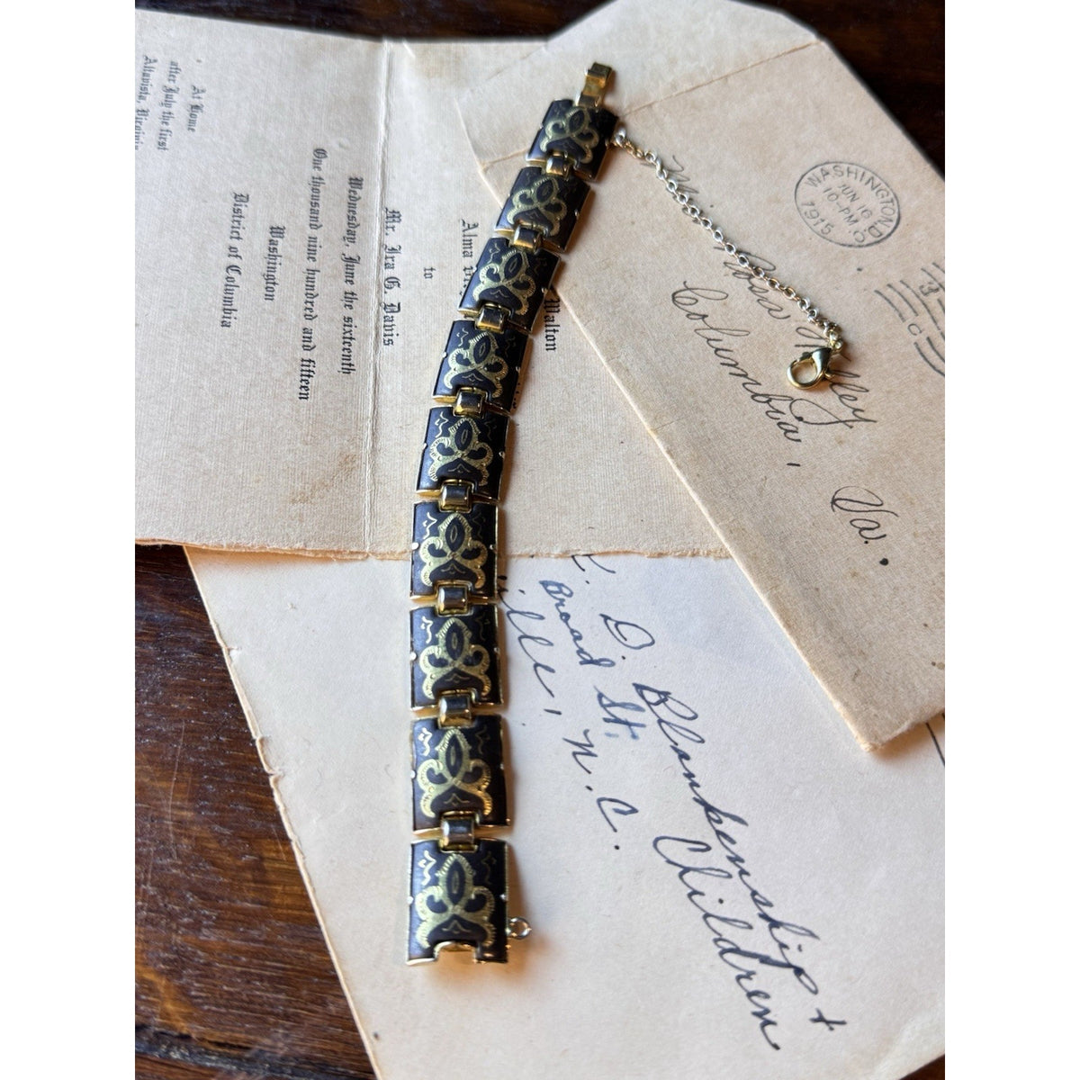 Spanish Damascene Bracelet Black Goldtone Floral Panel Links 6.5”