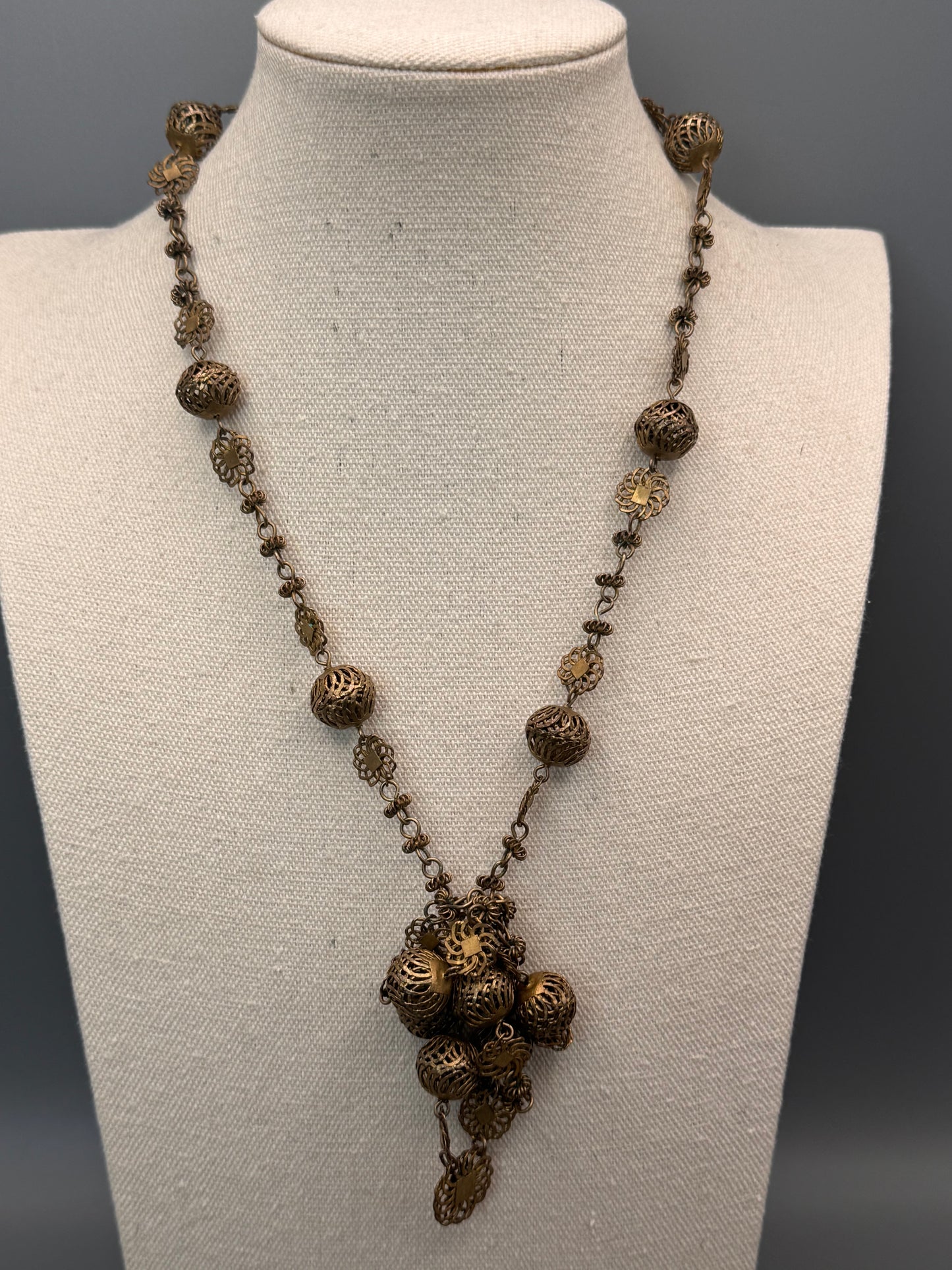 Vintage Necklace Long Brass Tone Filigree Bead Chain Endless 36”