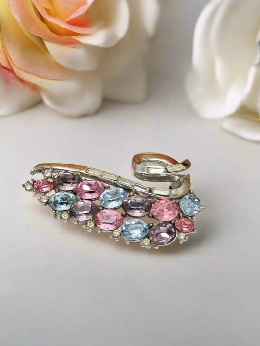 Vintage Signed TRIFARI Brooch Pastel SPRING MELODIES Rhinestones Clear Baguettes