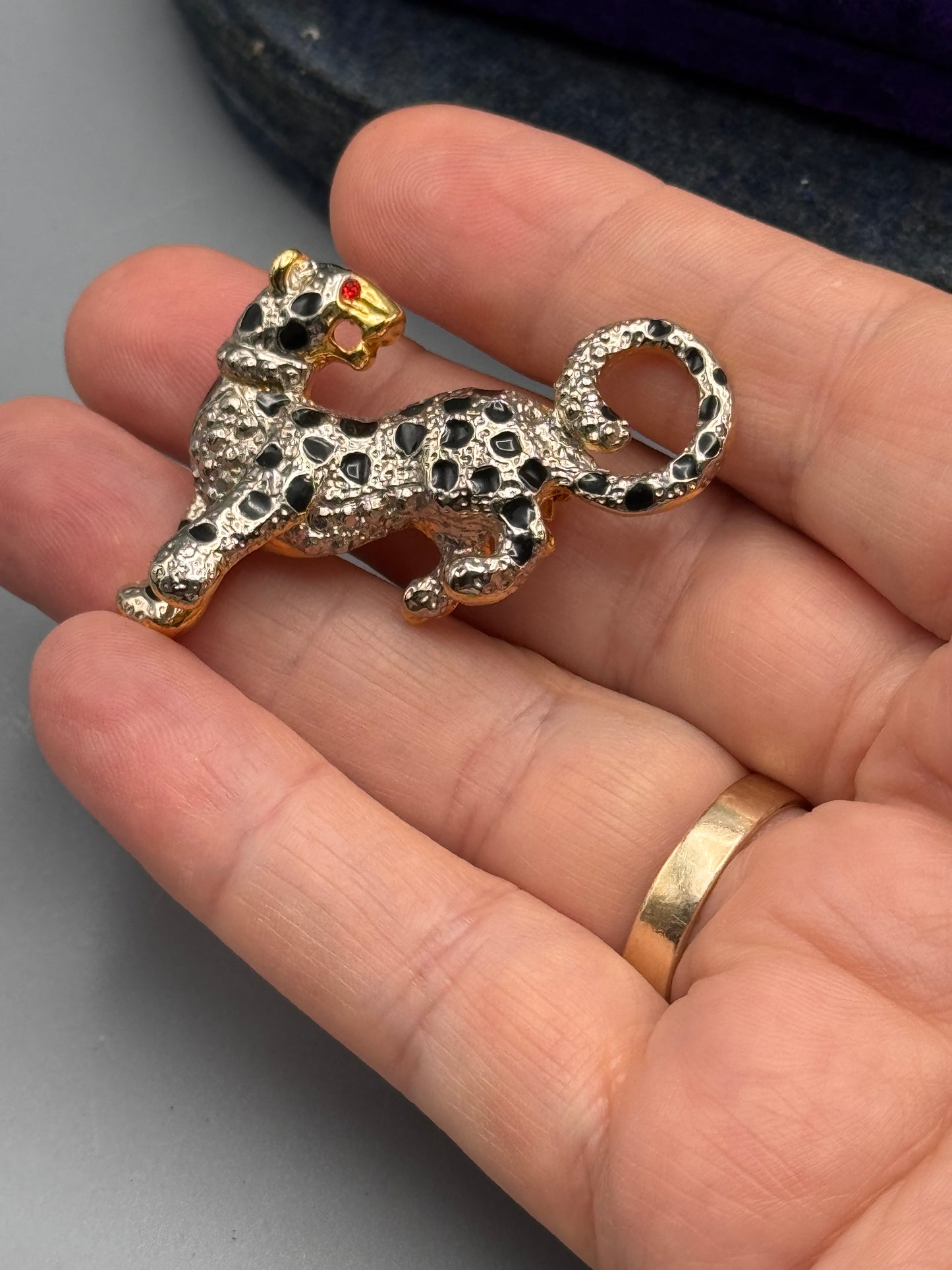 Vintage Leopard Brooch Silver Tone Black Enamel Red Eye Cat 2”