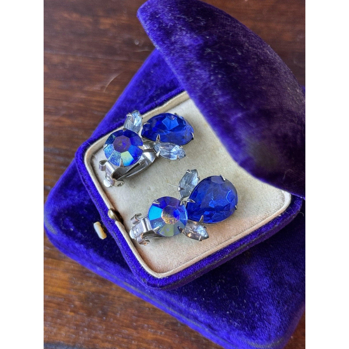 Silvertone Earrings Beau Jewels Blue Rhinestone AB Clip On Vintage 1.25” x .75”