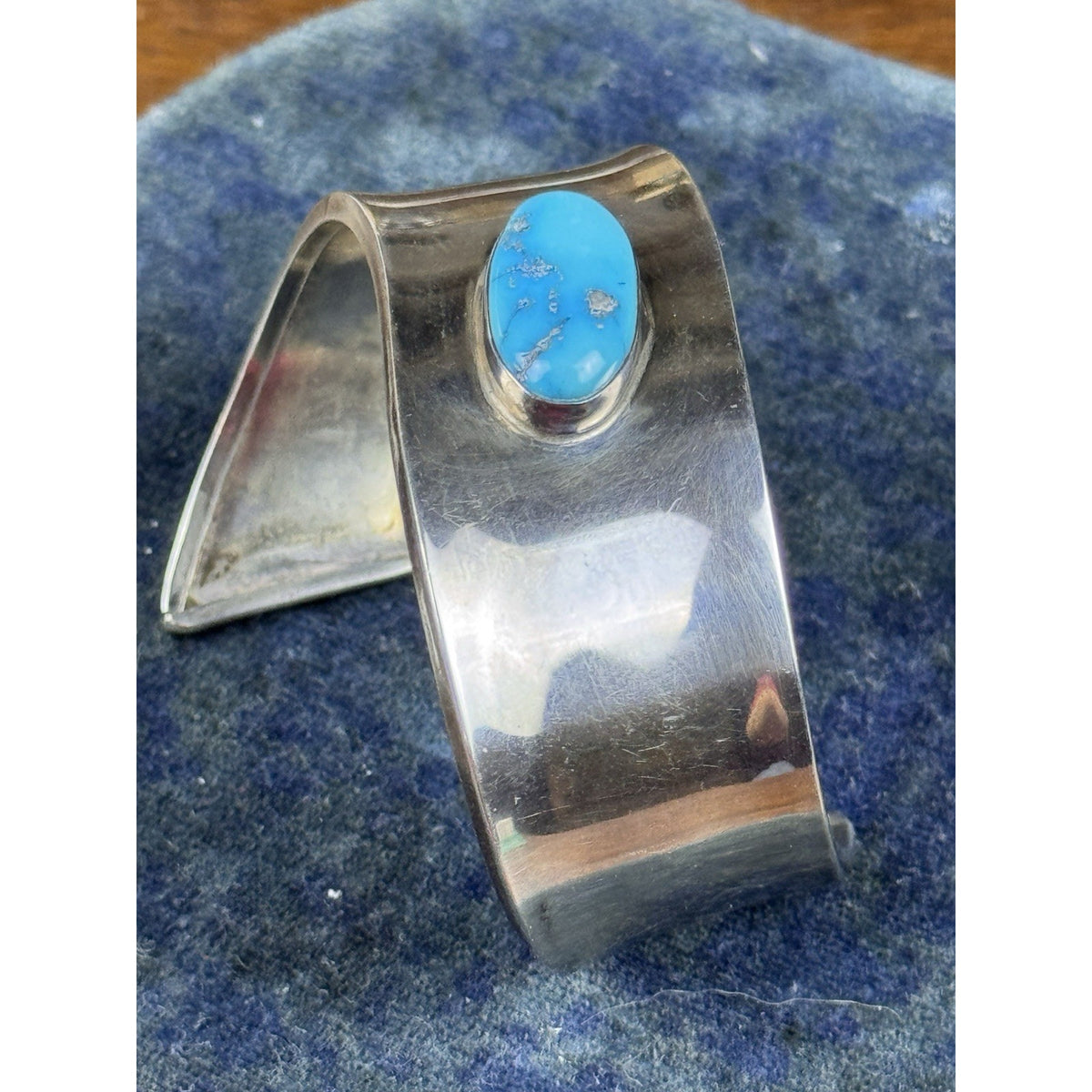 Sterling Silver Cuff Bracelet Blue Stone Wide Modernist Style 6.75” Wrist Size