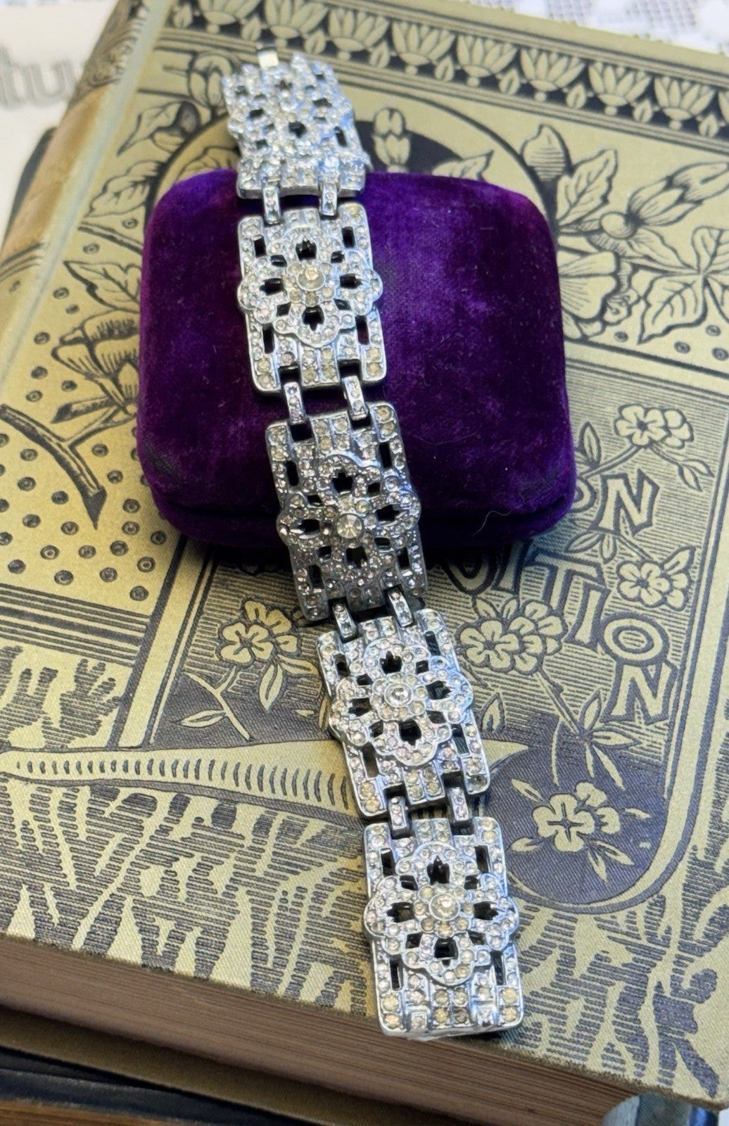 Art Deco Bracelet Clear Rhinestone Statement Vintage Jewelry 7.25”