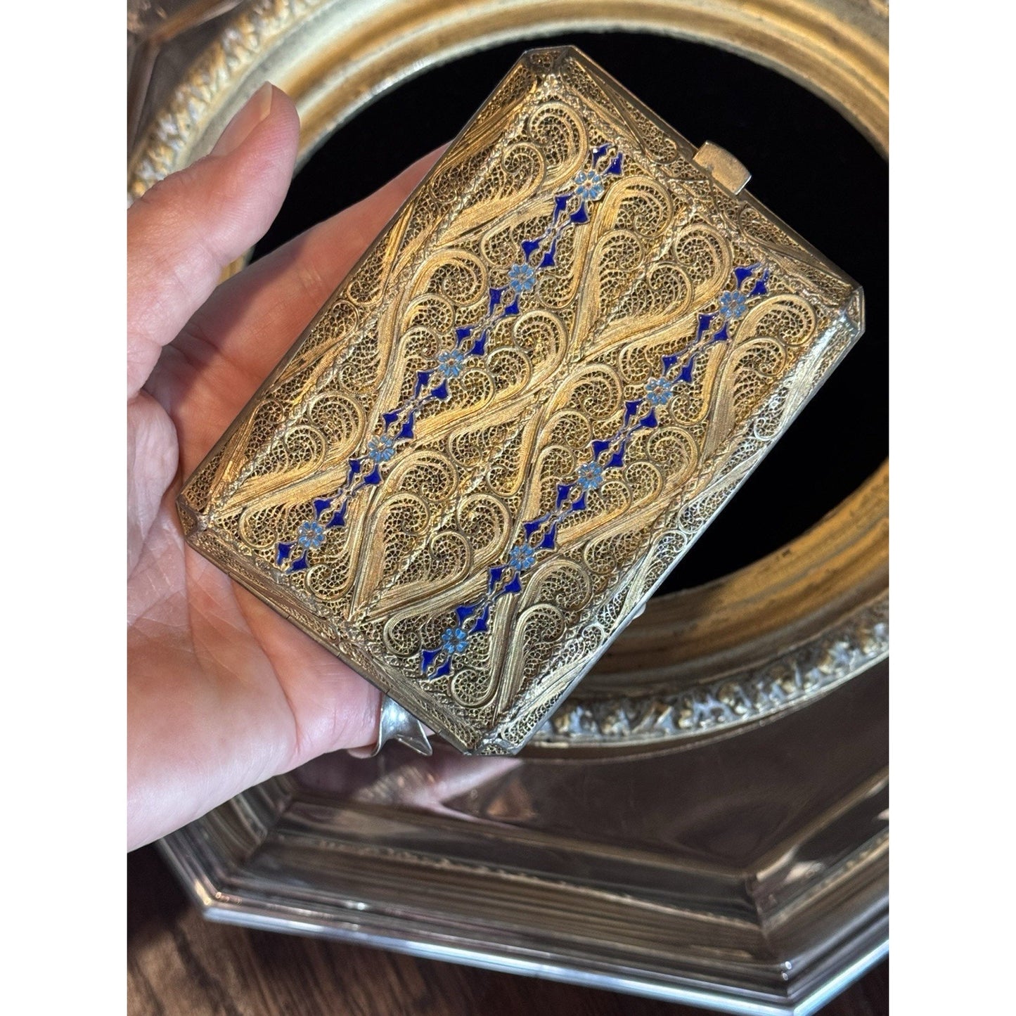 Vintage Cannetille Silver  Case Blue Enamel Gilt - Business Card Holder-