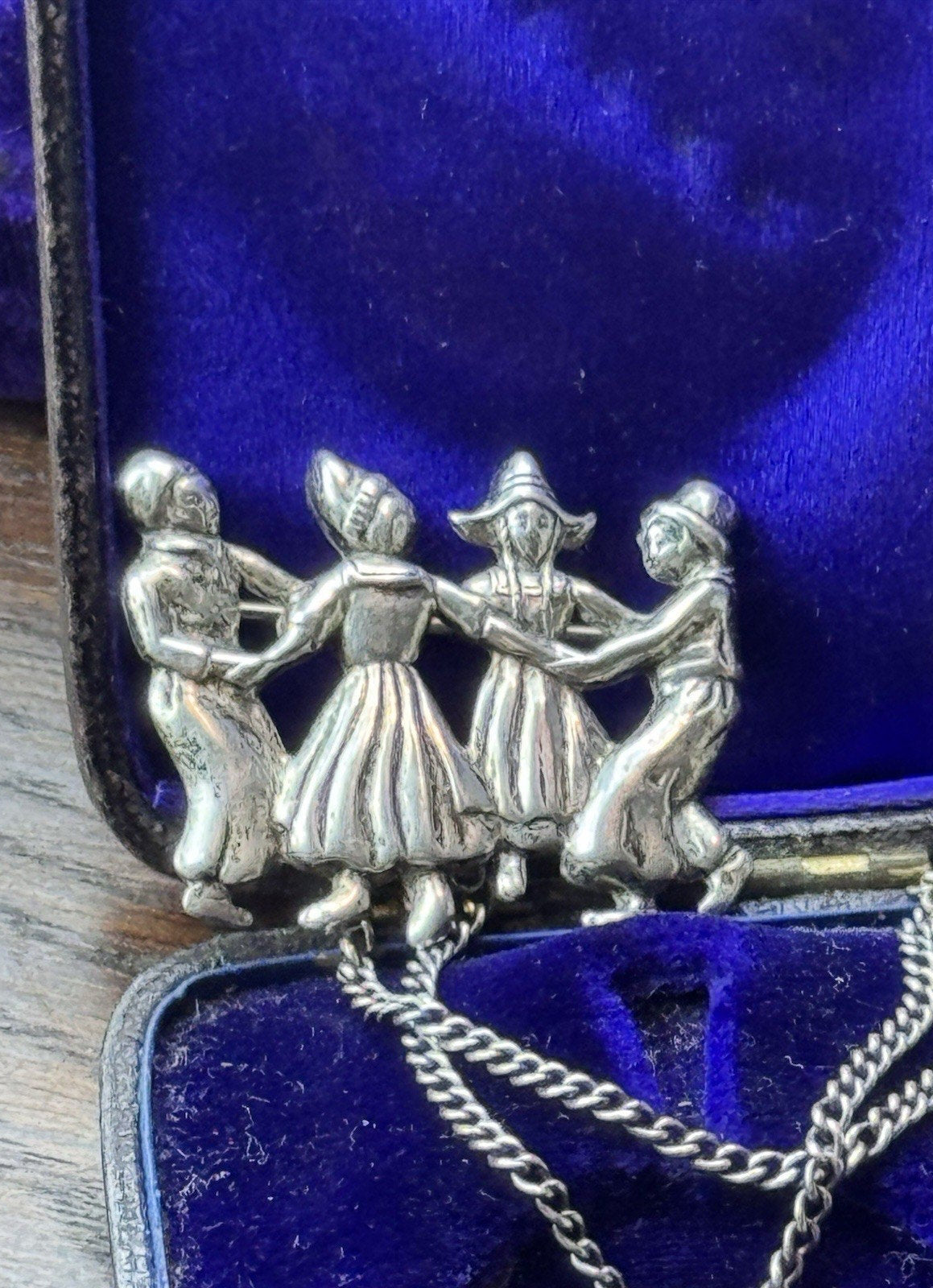 Vintage Dutch Dancers Chatelaine Brooch Silver Kissing Couple 1.38”