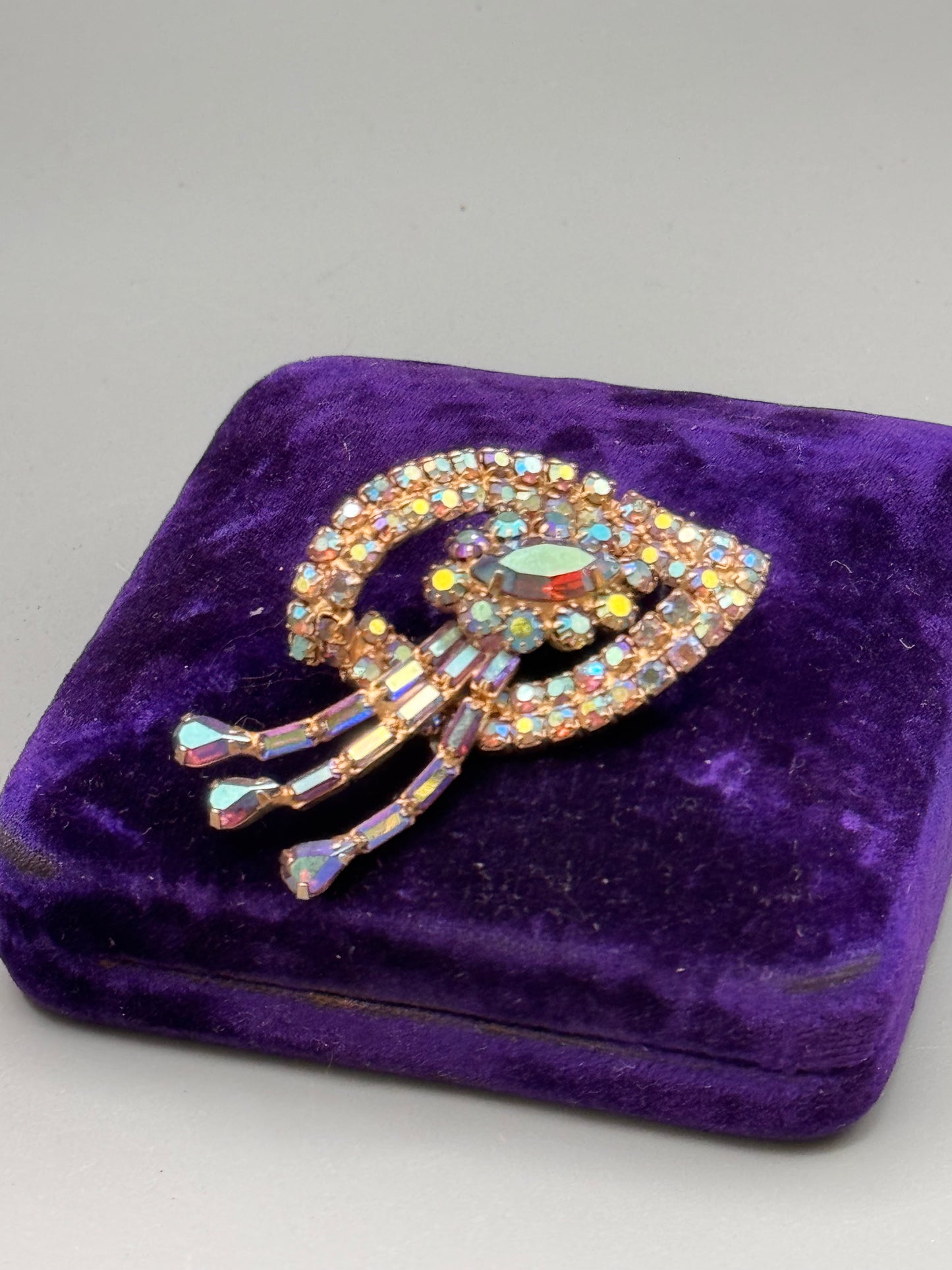 Vintage AB Rhinestone Brooch Blue Aurora Borealis Dangle Statement Pin