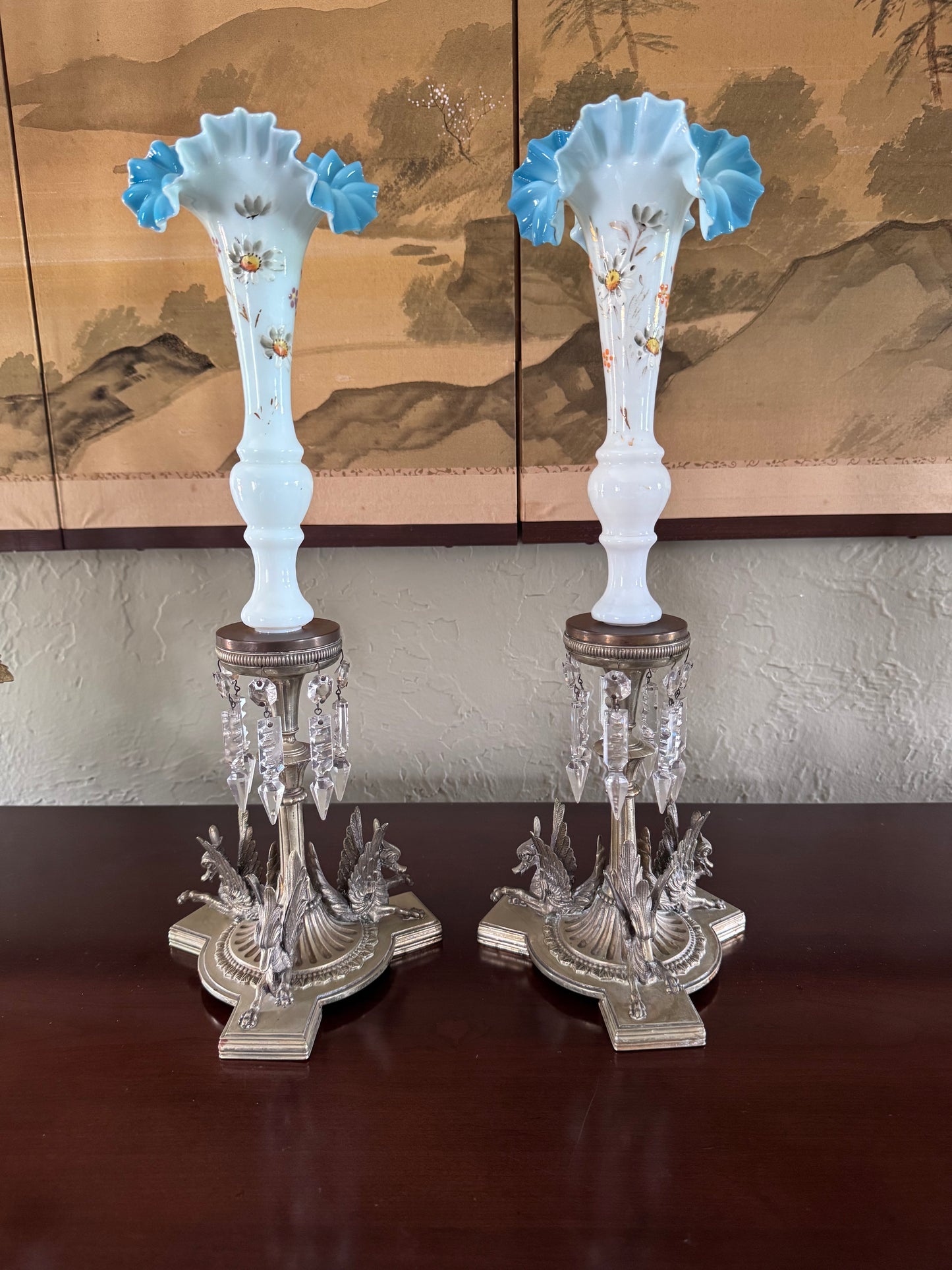 Antique Griffin Glass Epergne Vases Candlesticks Crystal Prisms Pair 18” RARE PAIR!!!
