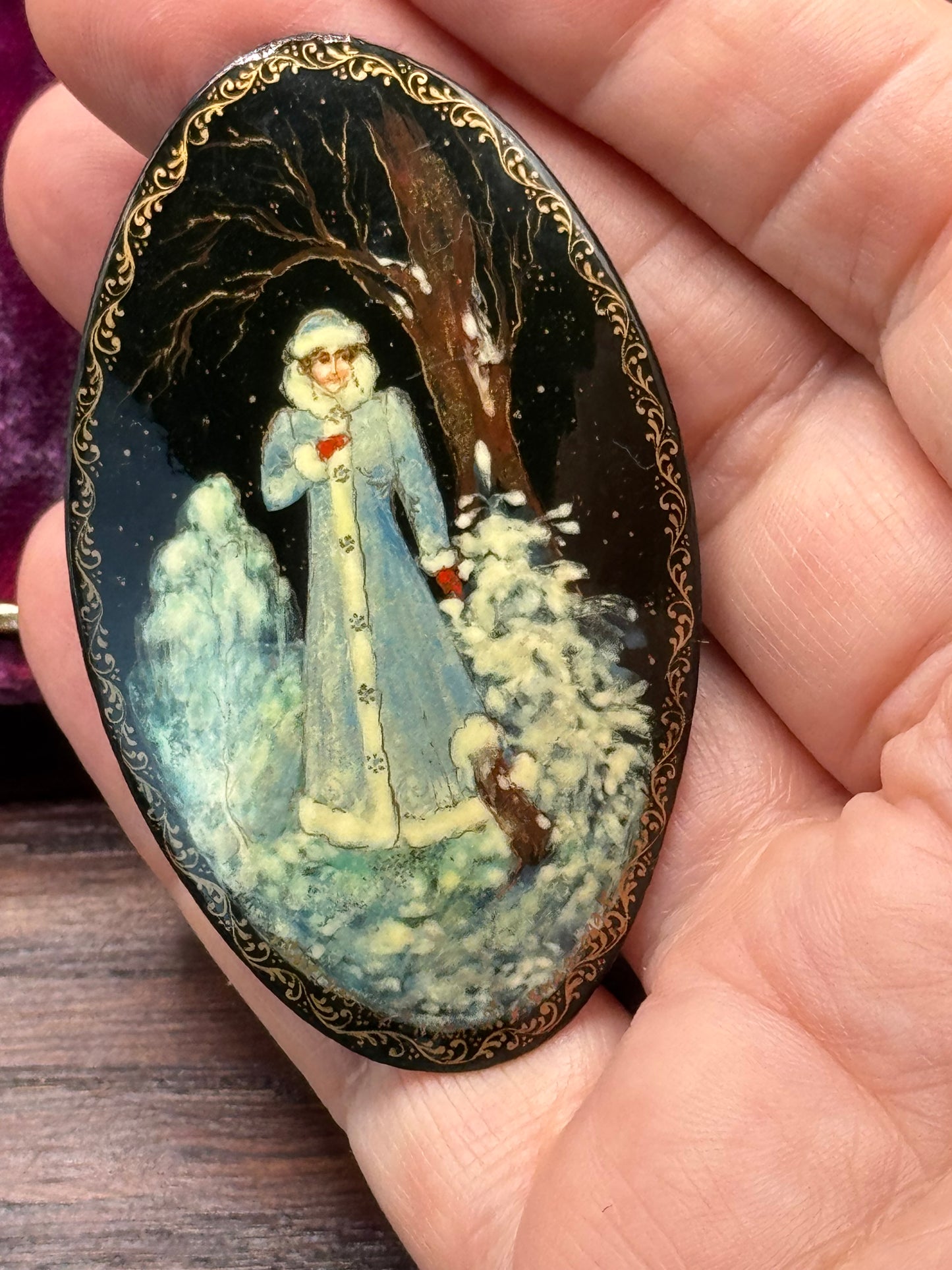 Vintage Brooch Russian Hand Painted Lacquer Winter Scene SOVAK 2.5” x 1.5”