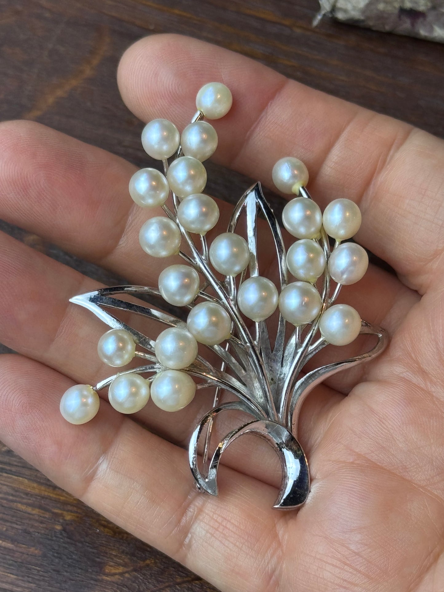 Vintage Sterling Silver Cultured Pearl Floral Spray Brooch 3” Mid Century Pin