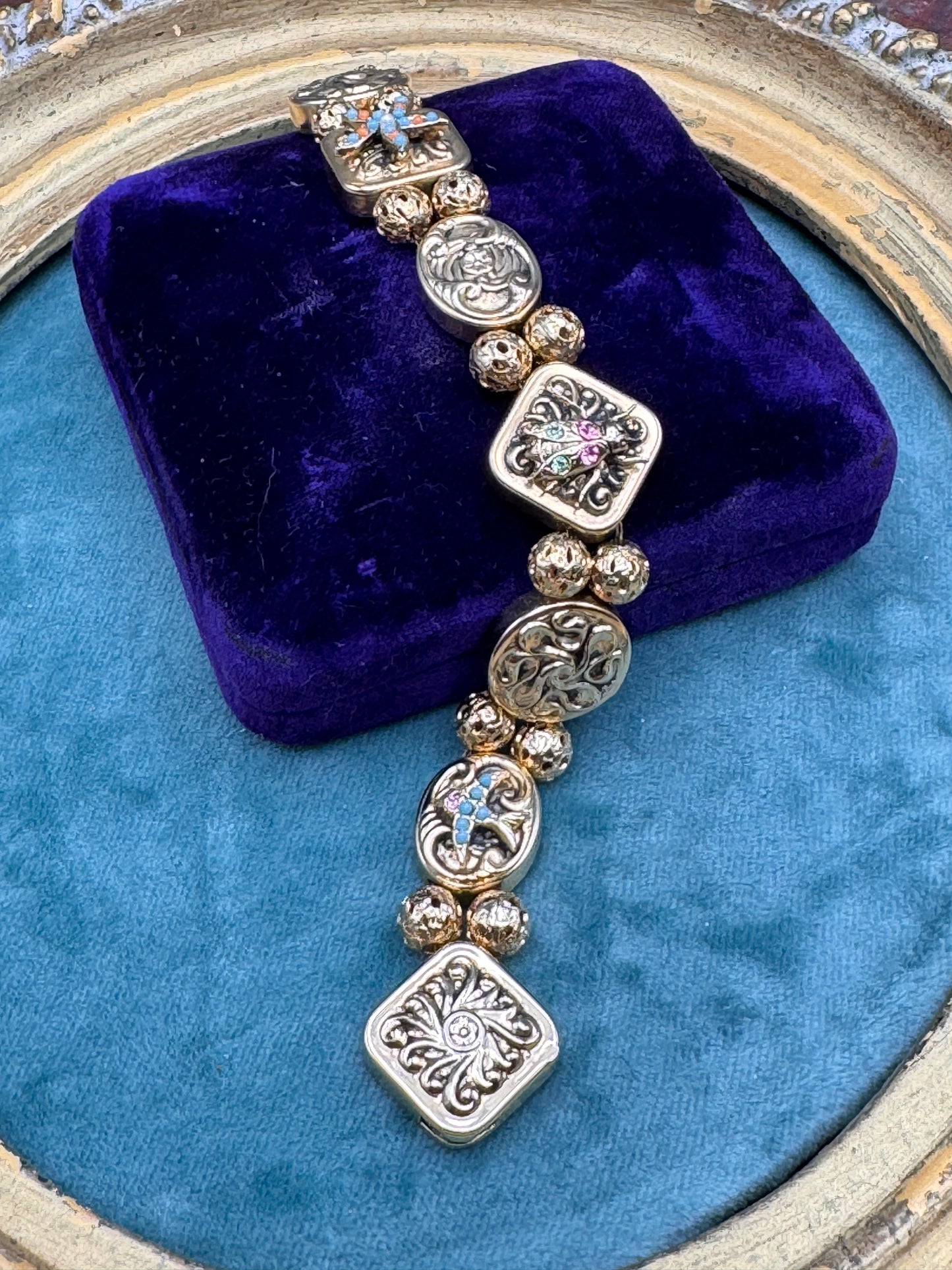 Victorian Revival Goldtone Slide Bracelet 7.5” Ornate Panel