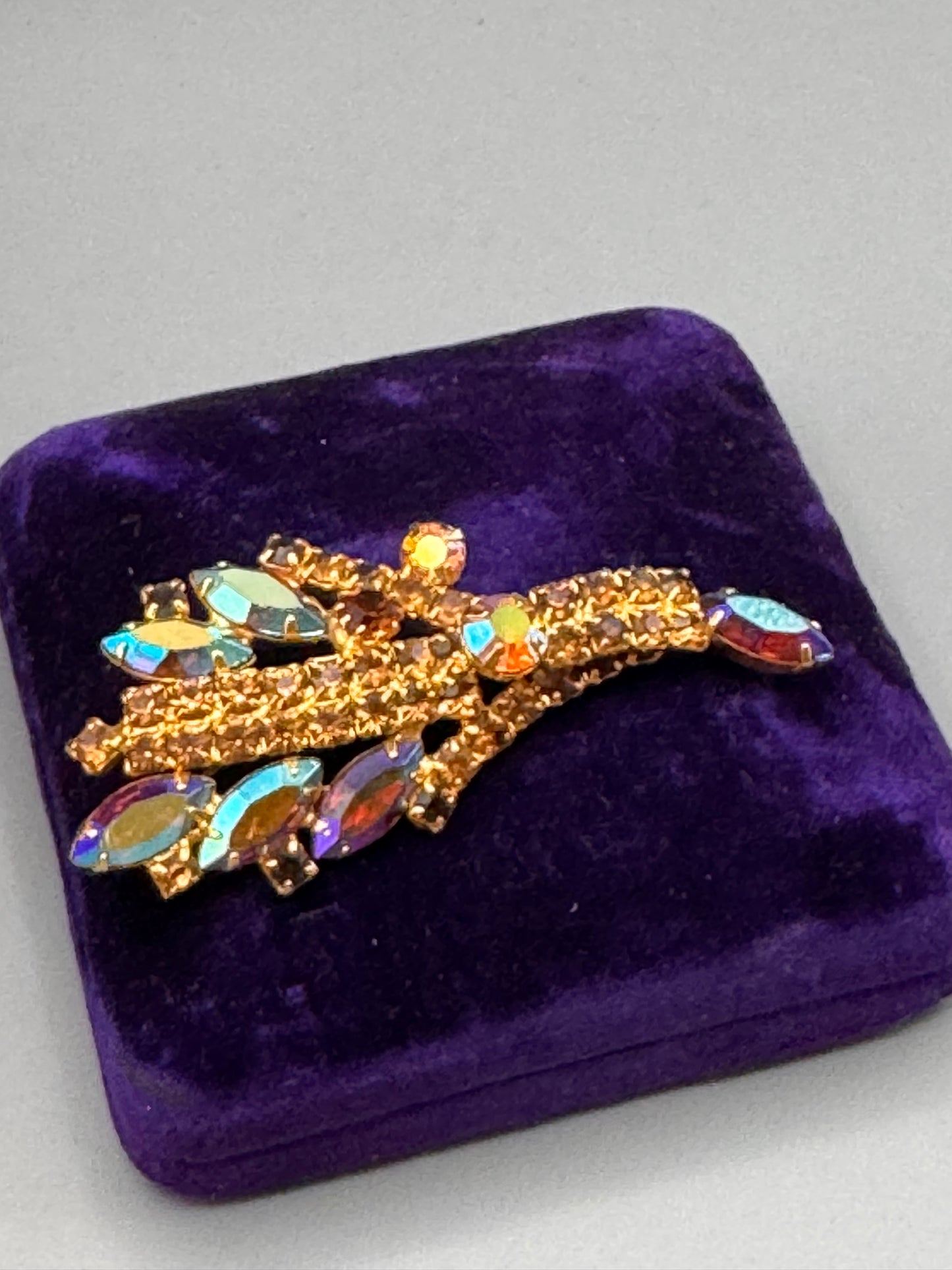 Vintage AB Rhinestone Brooch Goldtone Floral Spray Statement Pin 4” Large