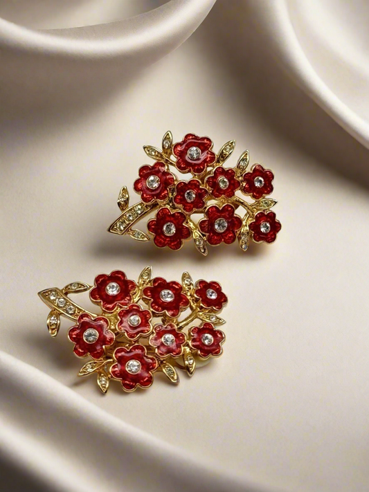 Camrose & Kross Jackie Kennedy Red Enamel Rhinestone Flower Earrings Boxed