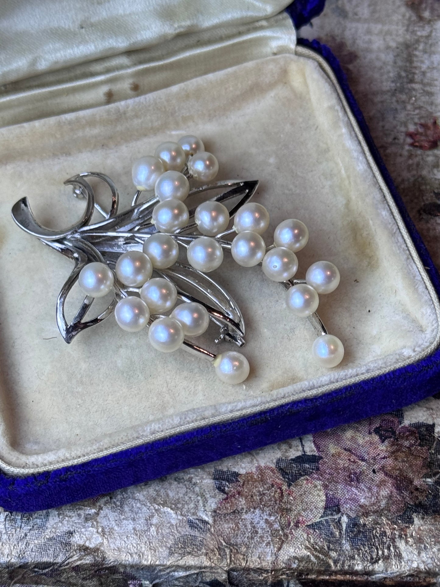 Vintage Sterling Silver Cultured Pearl Floral Spray Brooch 3” Mid Century Pin