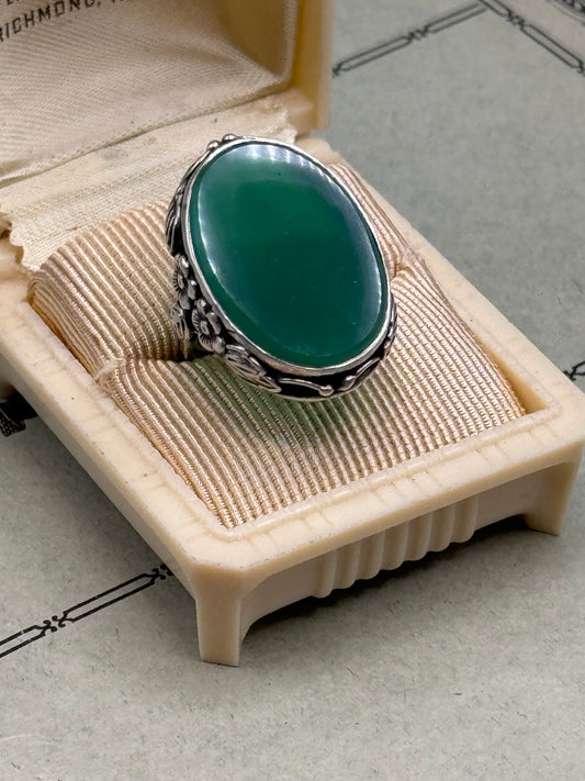 Sterling Silver TESTED Green STONE Ring Floral Statement Cocktail Ring Size 6