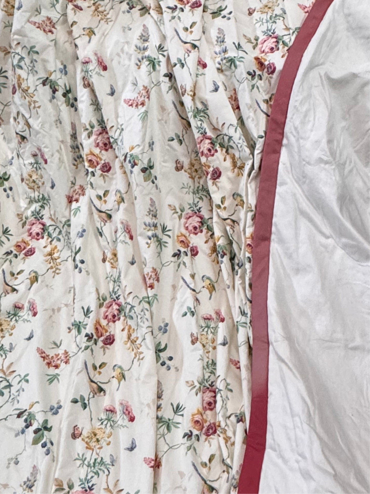 2 Vintage Schumacher Chickadee Floral Sky Drapery Panels Pair Wool Lined Weighted 90” x 60” Faded Piping