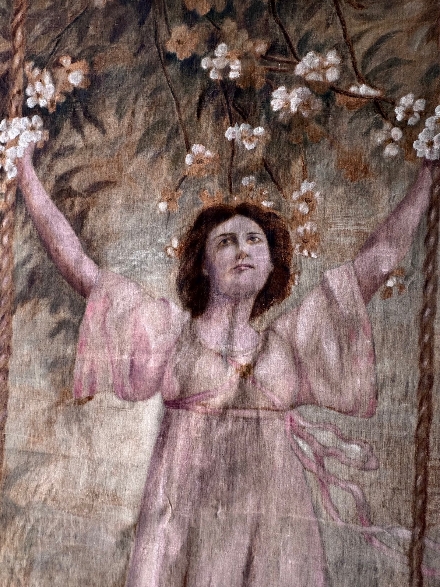 Antique Hand-Painted Textile Painting on Canvas Young Woman on Swing c. 1900