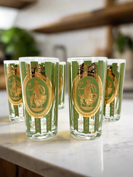 Cera Cora Athena Cupid Flat Tumbler Glass VTG 1950's 22k Gold Lot of 6 Barware