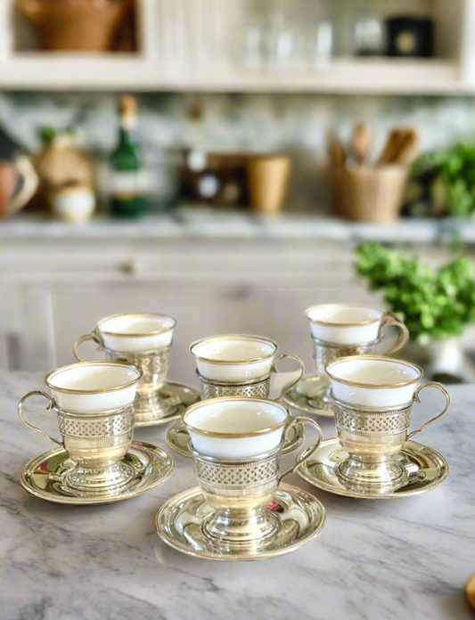 6 Espresso Cups - Demitasse STERLING English Bone China TUSCAN Inserts England Plummer LTD