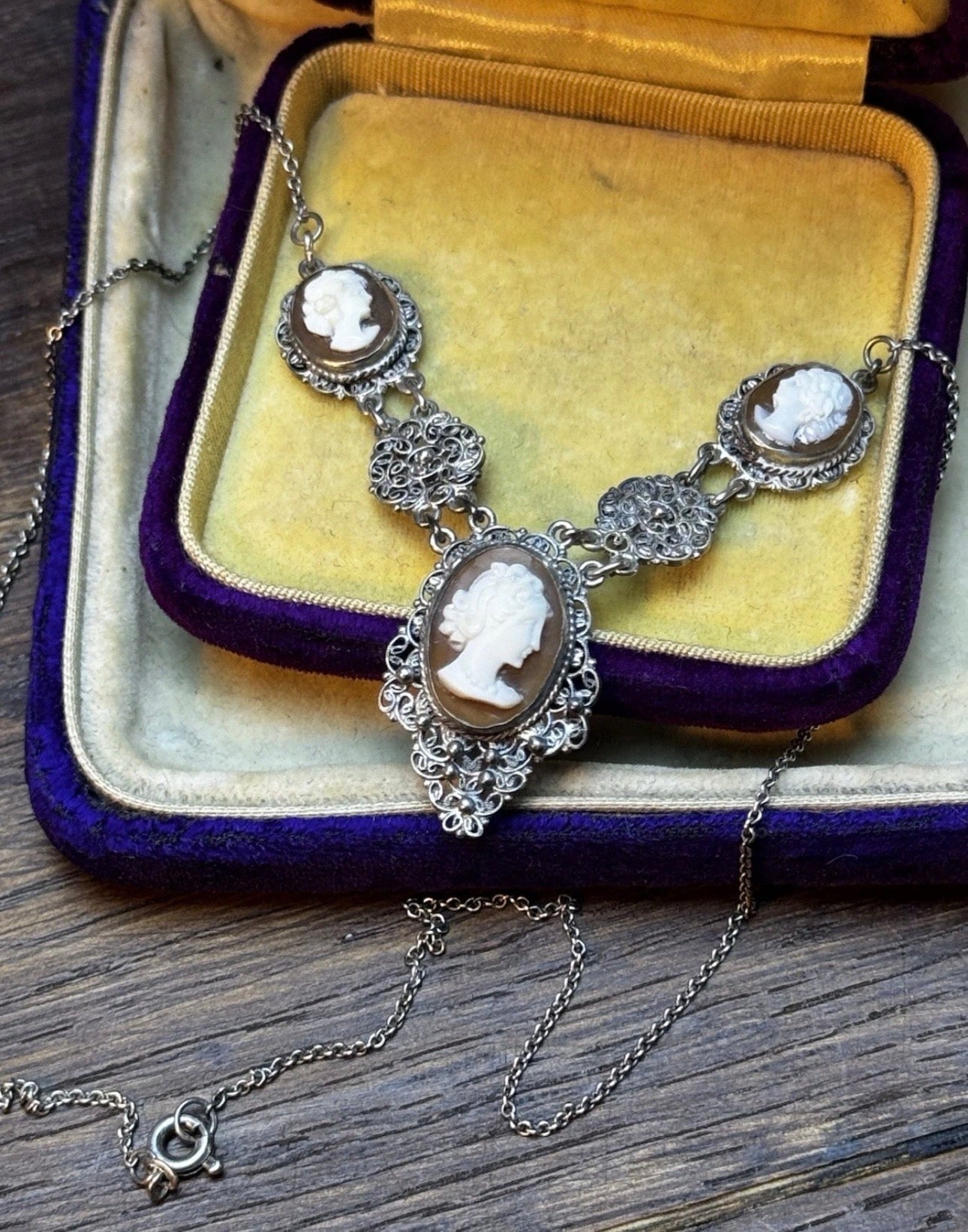 Antique Sardonyx Shell Cameo Necklace “Italian” Filigree 16.5” 800 Silver