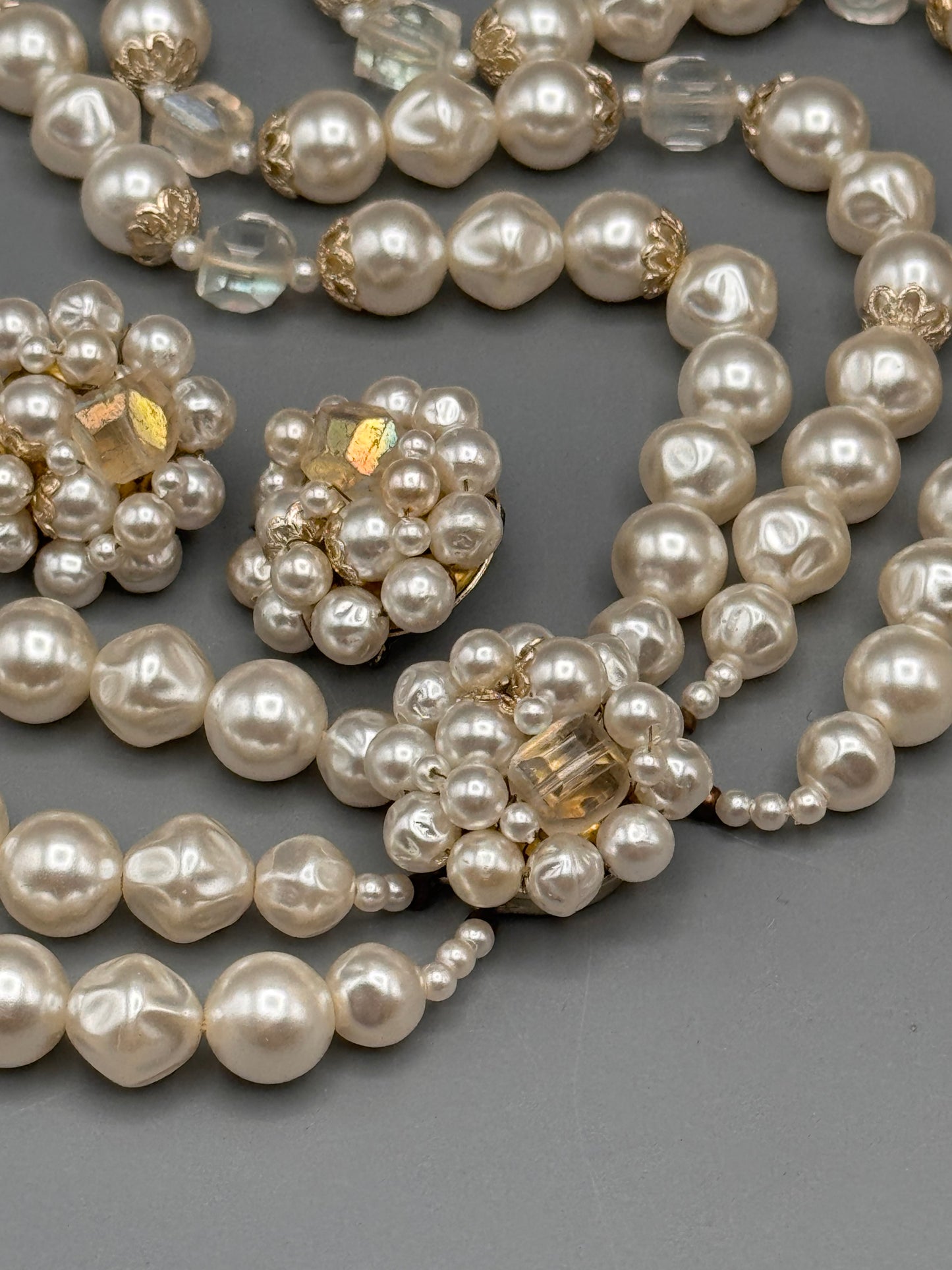 Vintage Triple Strand Faux Pearl Necklace 18” Baroque Clip On Set