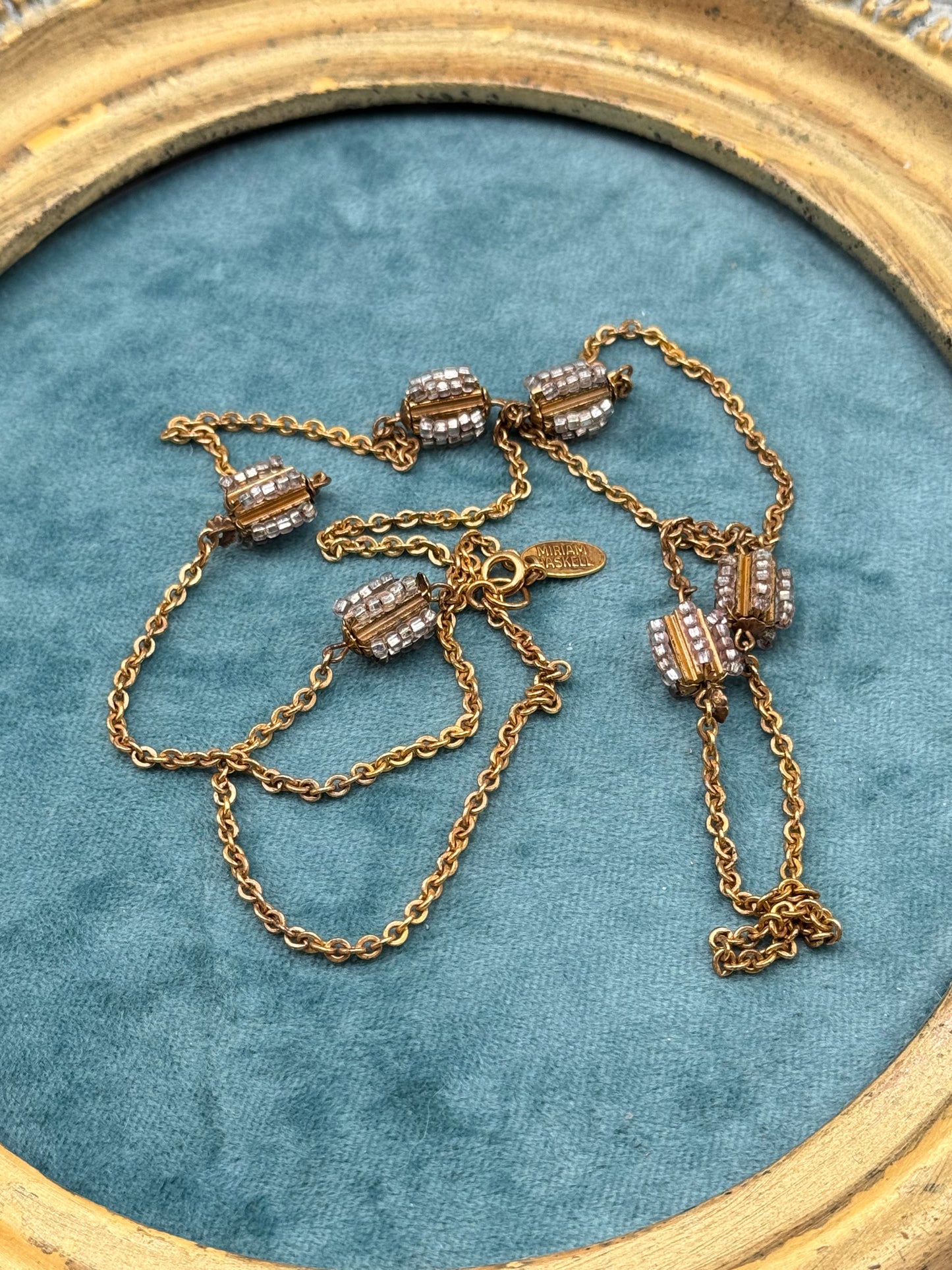 Vintage Miriam Haskell Goldtone Beaded Station Necklace 33”