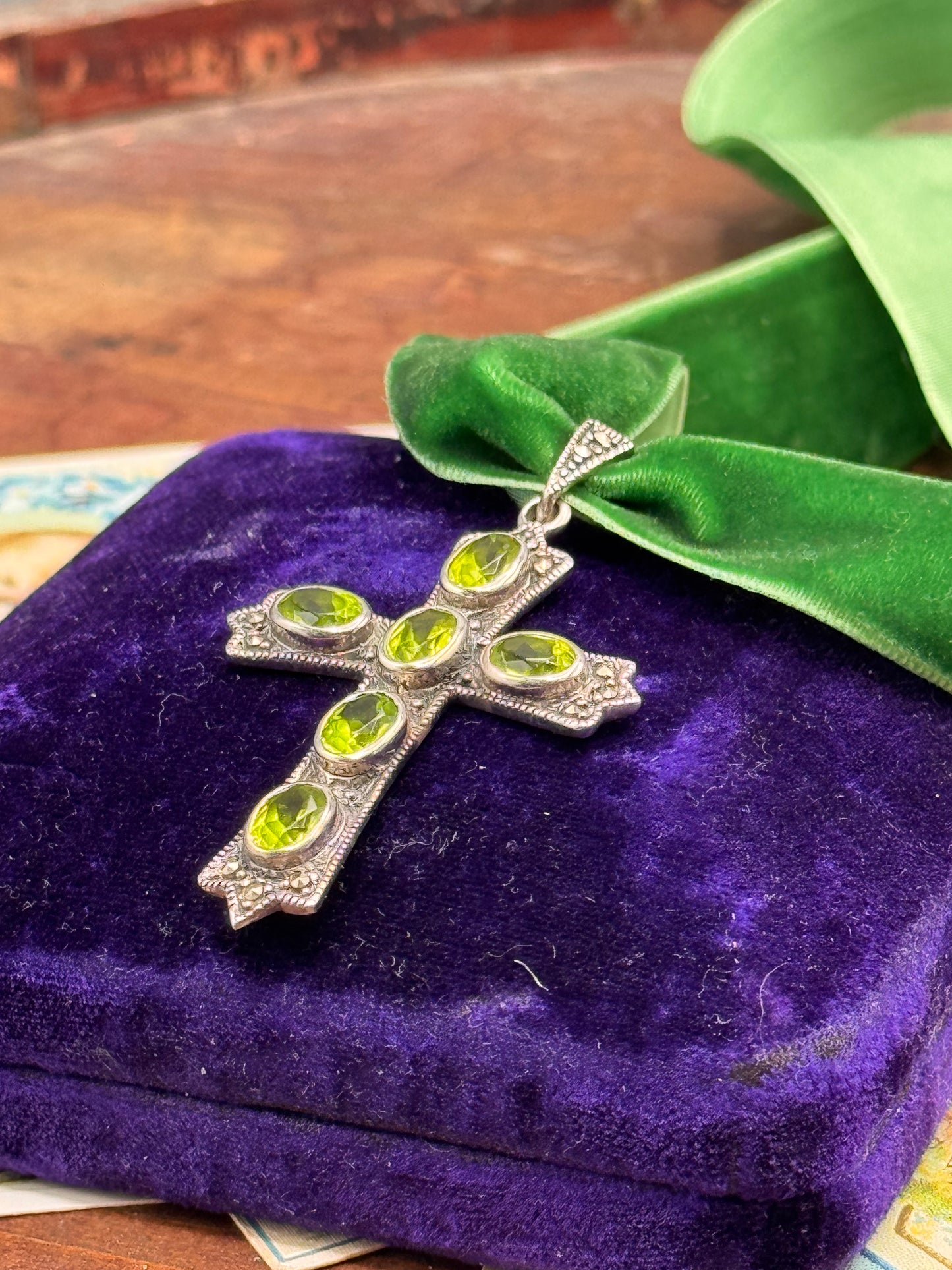 Vintage Sterling Silver Cross Pendant Peridot Green Stones 2.25” Statement Necklace
