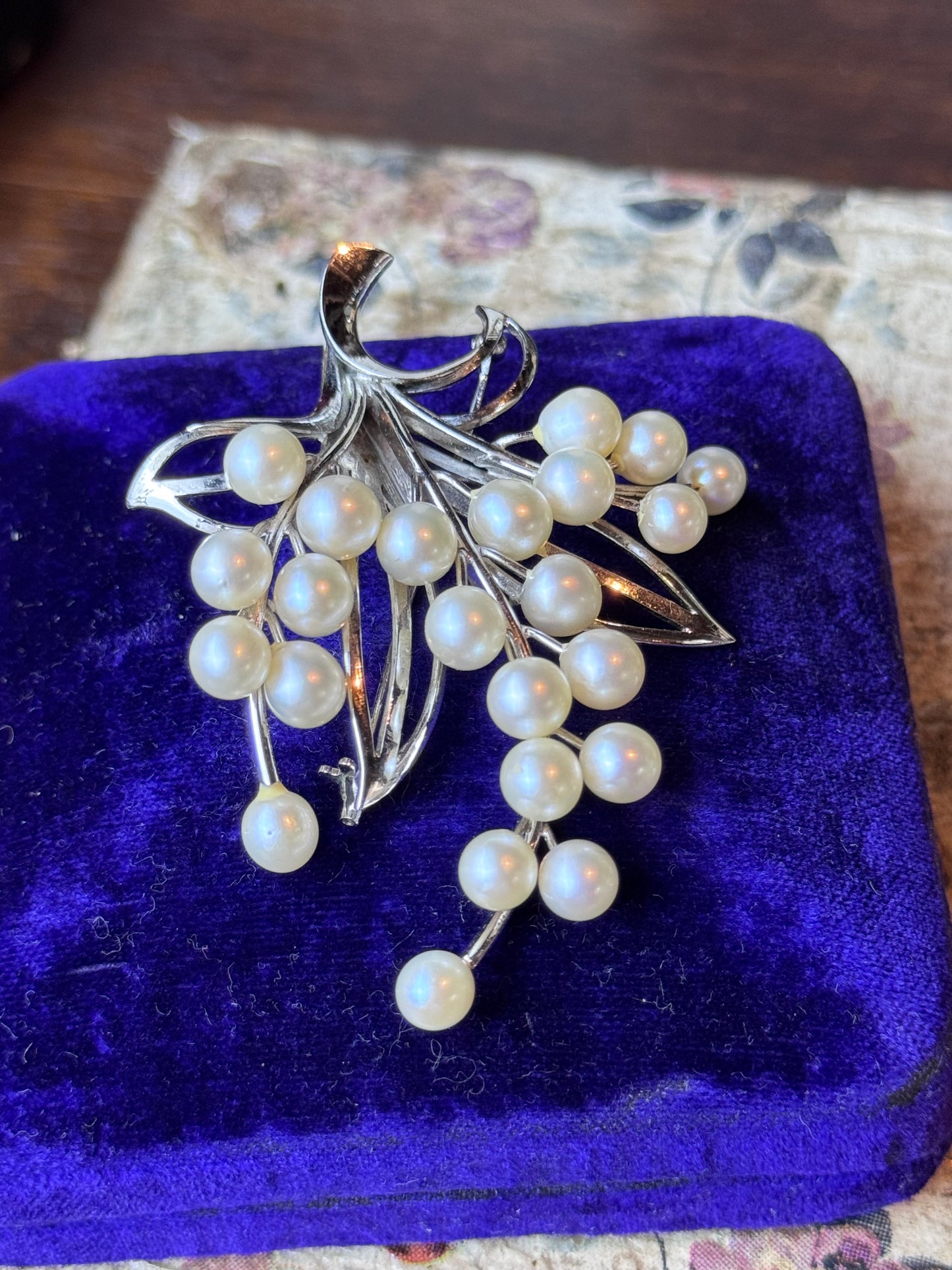 Vintage Sterling Silver Cultured Pearl Floral Spray Brooch 3” Mid Century Pin