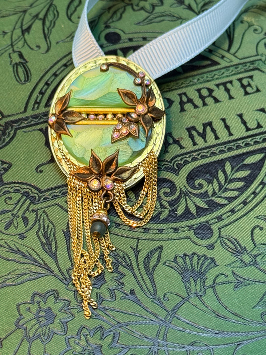 MARENA Germany Brooch Pendant Art Nouveau Revival Tassel Rhinestone Goldtone