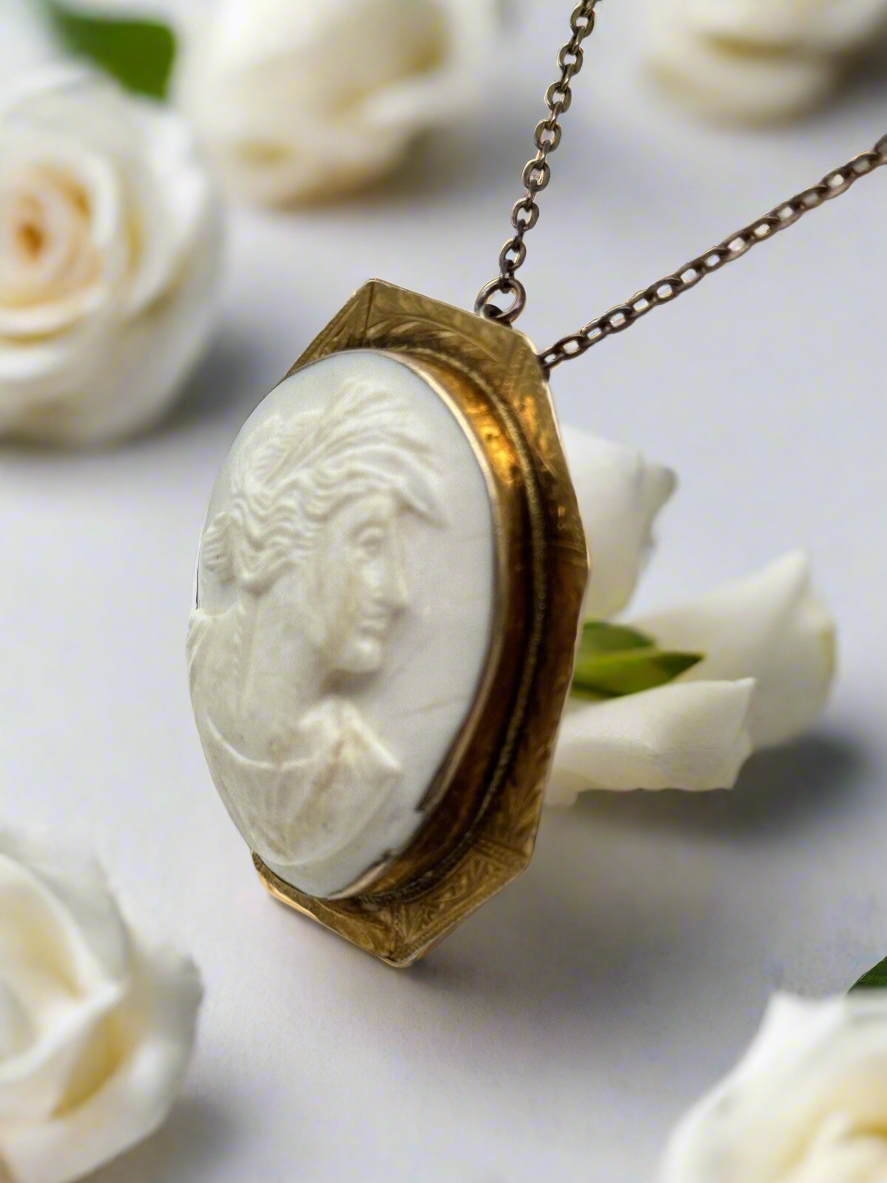 Antique 10kt Gold White Carved Coral Cameo Brooch Pendant Chased Frame EDWARDIAN