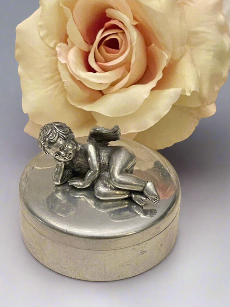 UNIVERSAL PEWTER TRINKET BOX WITH WINGED CHERUB / ANGEL HOLDING BIRD