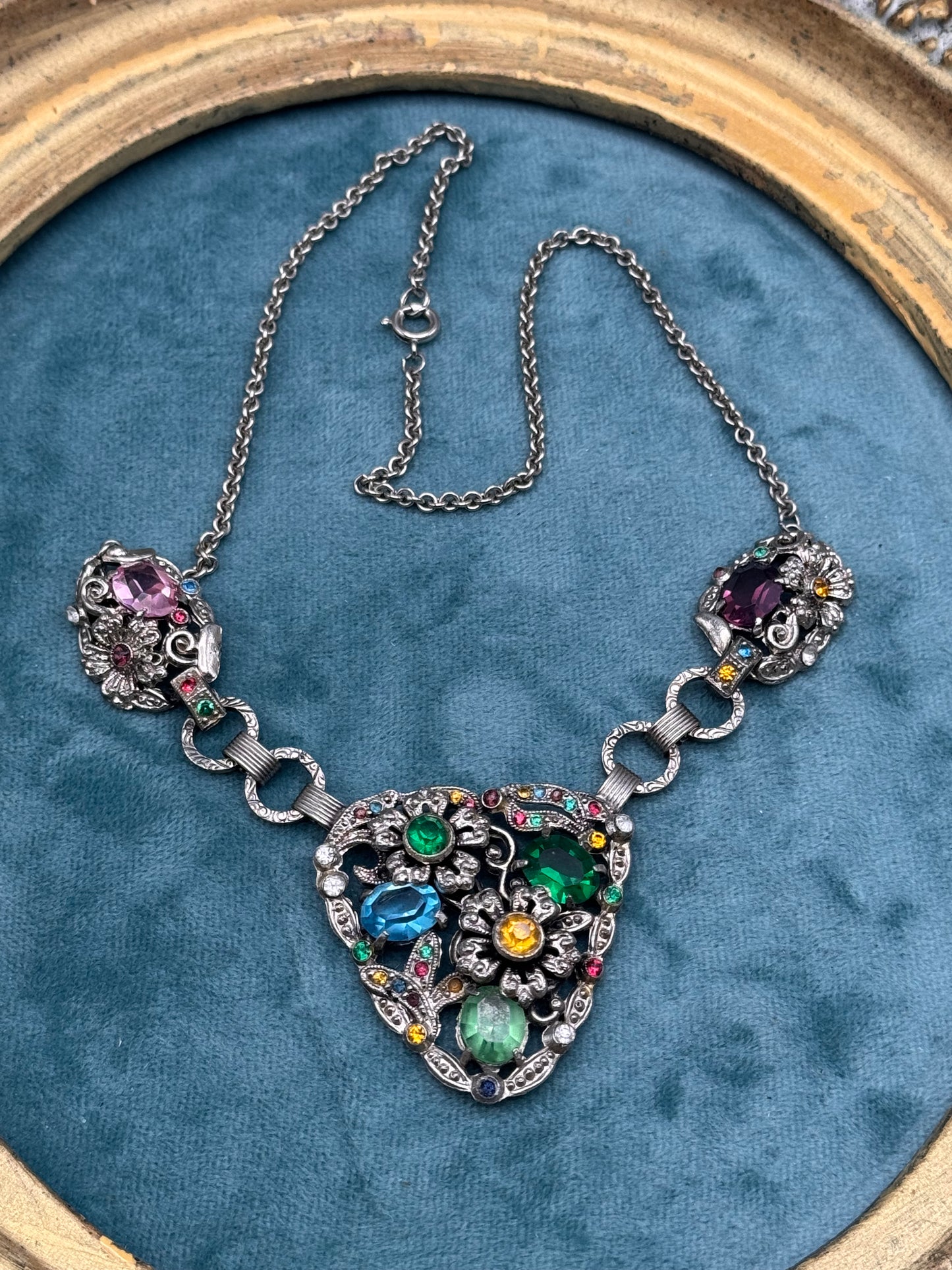 Silvertone Floral Necklace Rhinestone Statement Pendant 18” Vintage